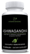 VITAMIN SEASONS Organic Ashwagandha 650mg + Organic Black Pepper 5mg | Extra Strength Root Extract | Stress Relief | 60 Vegetarian Capsules | Non-GMO | Made in USA