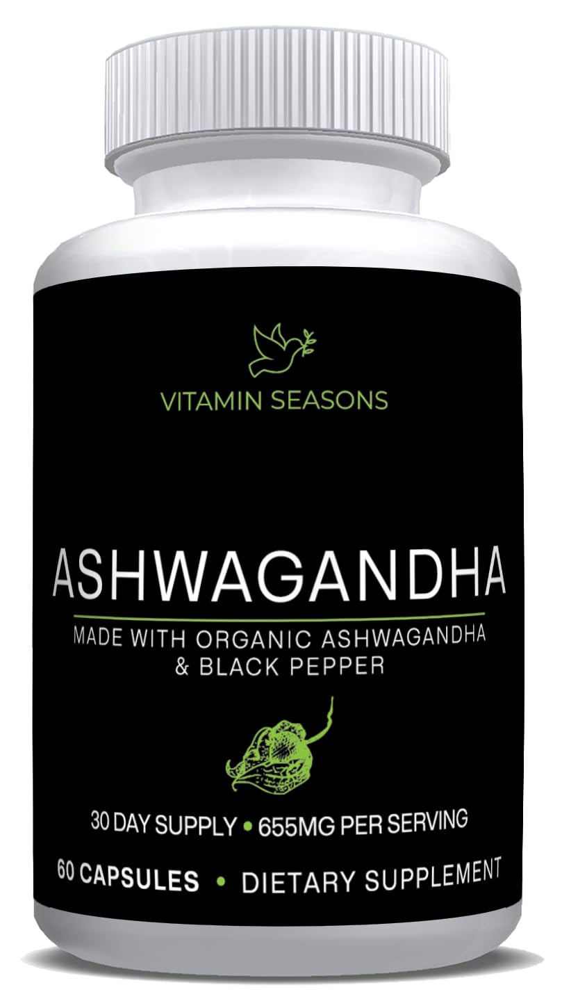 VITAMIN SEASONS Organic Ashwagandha 650mg + Organic Black Pepper 5mg | Extra Strength Root Extract | Stress Relief | 60 Vegetarian Capsules | Non-GMO | Made in USA