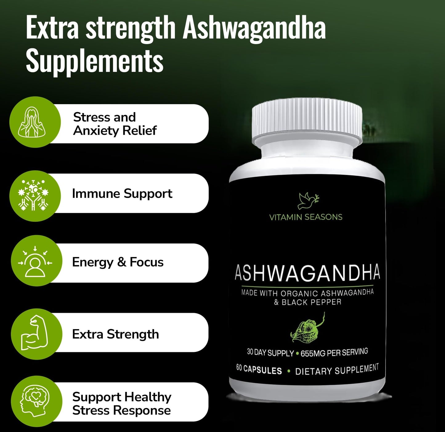 VITAMIN SEASONS Organic Ashwagandha 650mg + Organic Black Pepper 5mg | Extra Strength Root Extract | Stress Relief | 60 Vegetarian Capsules | Non-GMO | Made in USA