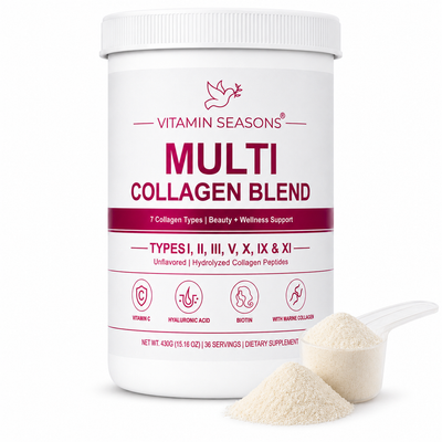 VITAMIN SEASONS Multi Collagen Blend Powder | Women and Men | Hyaluronic Acid + Vitamin C | Hydrolyzed Multi Collagen Peptides | Non-GMO, Gluten-Free, Keto, Paleo | 488g | Made in USA