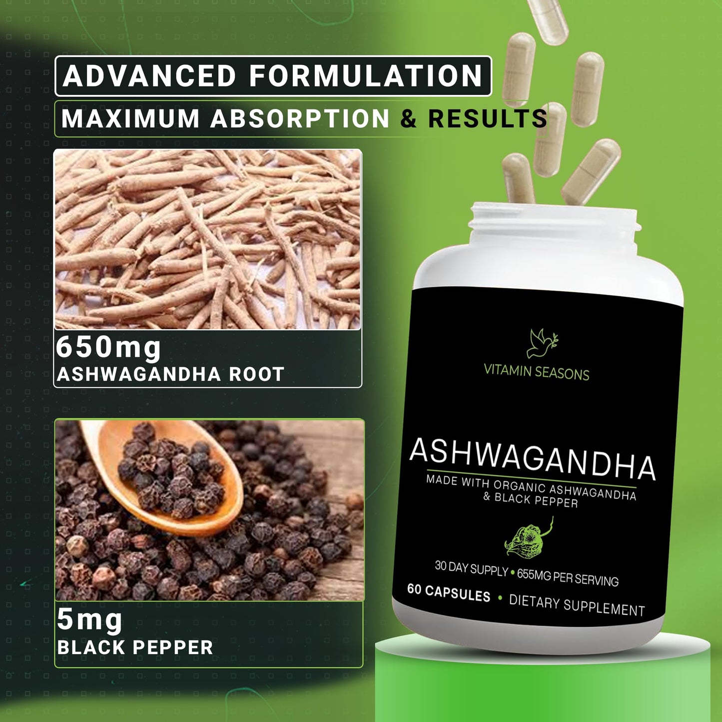 VITAMIN SEASONS Organic Ashwagandha 650mg + Organic Black Pepper 5mg | Extra Strength Root Extract | Stress Relief | 60 Vegetarian Capsules | Non-GMO | Made in USA