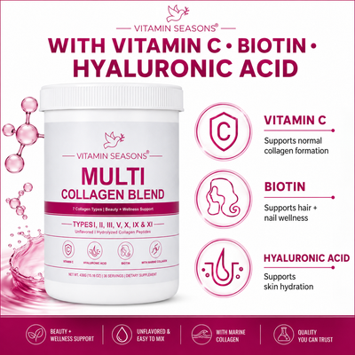 VITAMIN SEASONS Multi Collagen Blend Powder | Women and Men | Hyaluronic Acid + Vitamin C | Hydrolyzed Multi Collagen Peptides | Non-GMO, Gluten-Free, Keto, Paleo | 488g | Made in USA