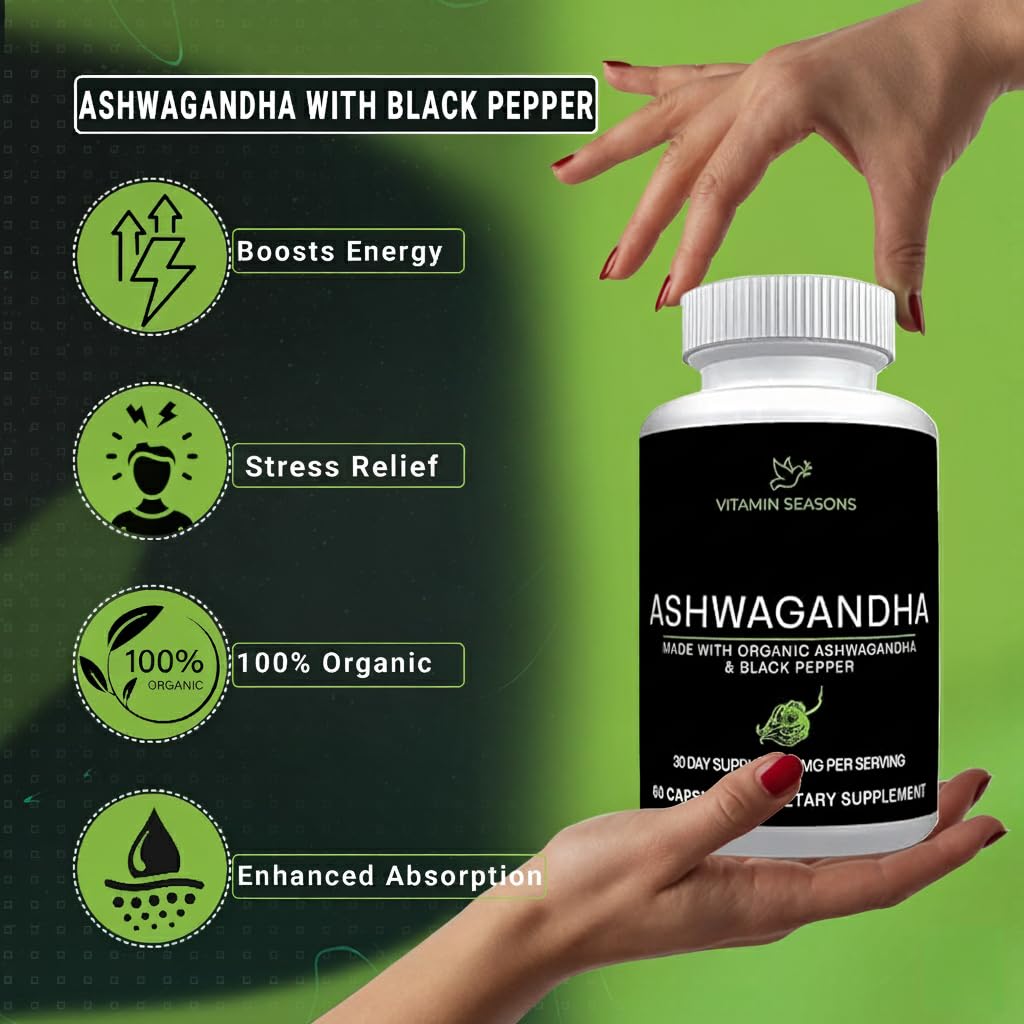 VITAMIN SEASONS Organic Ashwagandha 650mg + Organic Black Pepper 5mg | Extra Strength Root Extract | Stress Relief | 60 Vegetarian Capsules | Non-GMO | Made in USA