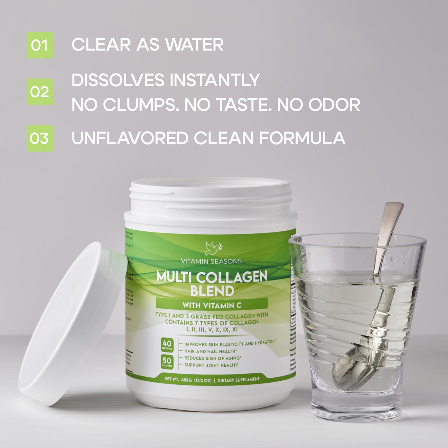 VITAMIN SEASONS Multi Collagen Blend Powder | Women and Men | Hyaluronic Acid + Vitamin C | Hydrolyzed Multi Collagen Peptides | Non-GMO, Gluten-Free, Keto, Paleo | 488g | Made in USA