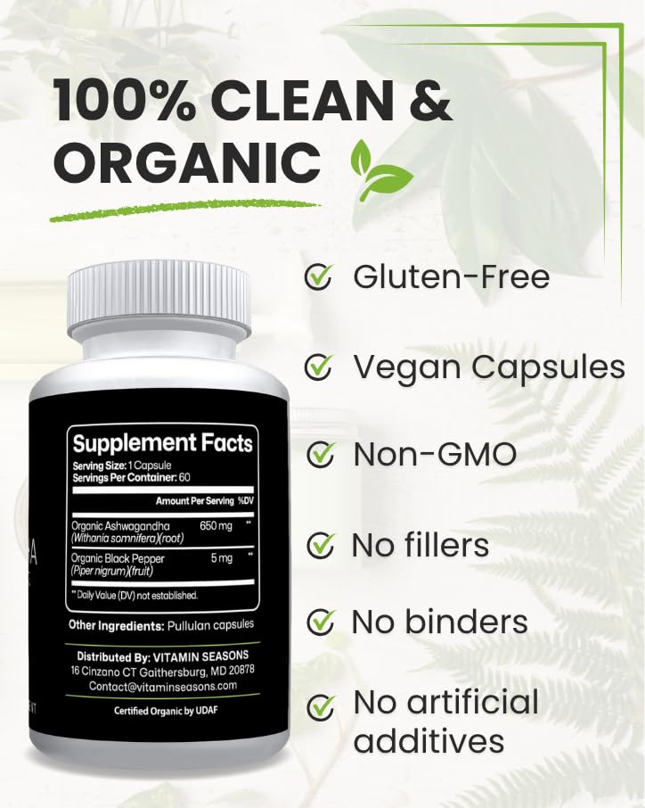 VITAMIN SEASONS Organic Ashwagandha 650mg + Organic Black Pepper 5mg | Extra Strength Root Extract | Stress Relief | 60 Vegetarian Capsules | Non-GMO | Made in USA