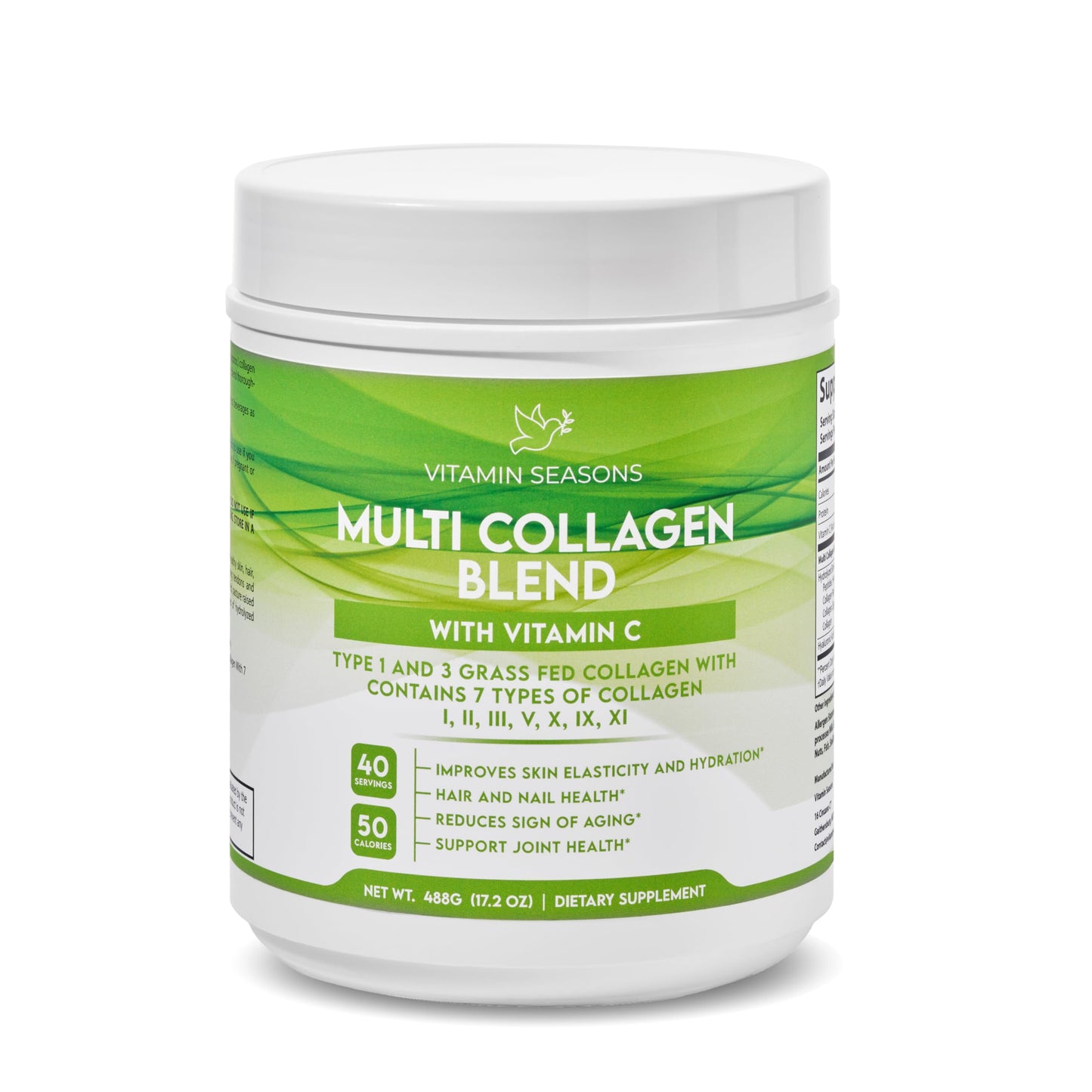 VITAMIN SEASONS Multi Collagen Blend Powder | Women and Men | Hyaluronic Acid + Vitamin C | Hydrolyzed Multi Collagen Peptides | Non-GMO, Gluten-Free, Keto, Paleo | 488g | Made in USA