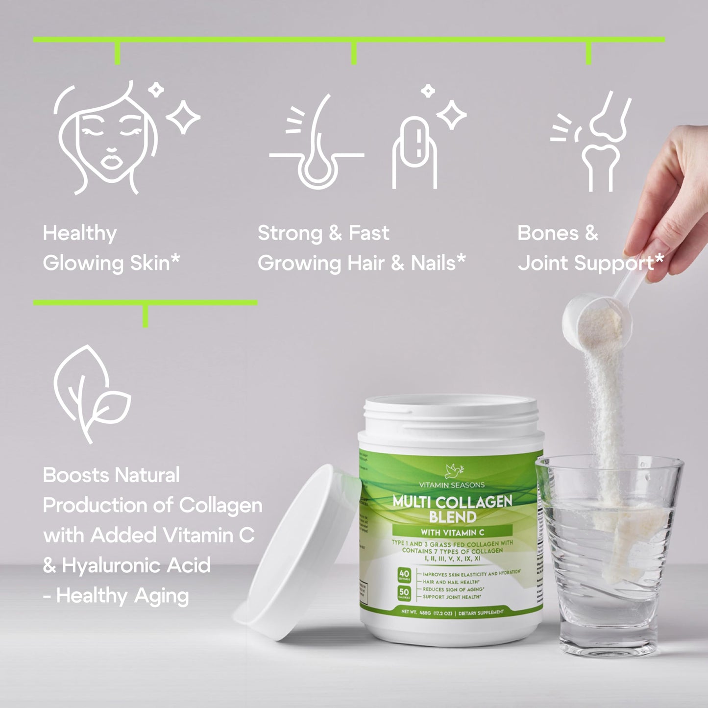 VITAMIN SEASONS Multi Collagen Blend Powder | Women and Men | Hyaluronic Acid + Vitamin C | Hydrolyzed Multi Collagen Peptides | Non-GMO, Gluten-Free, Keto, Paleo | 488g | Made in USA