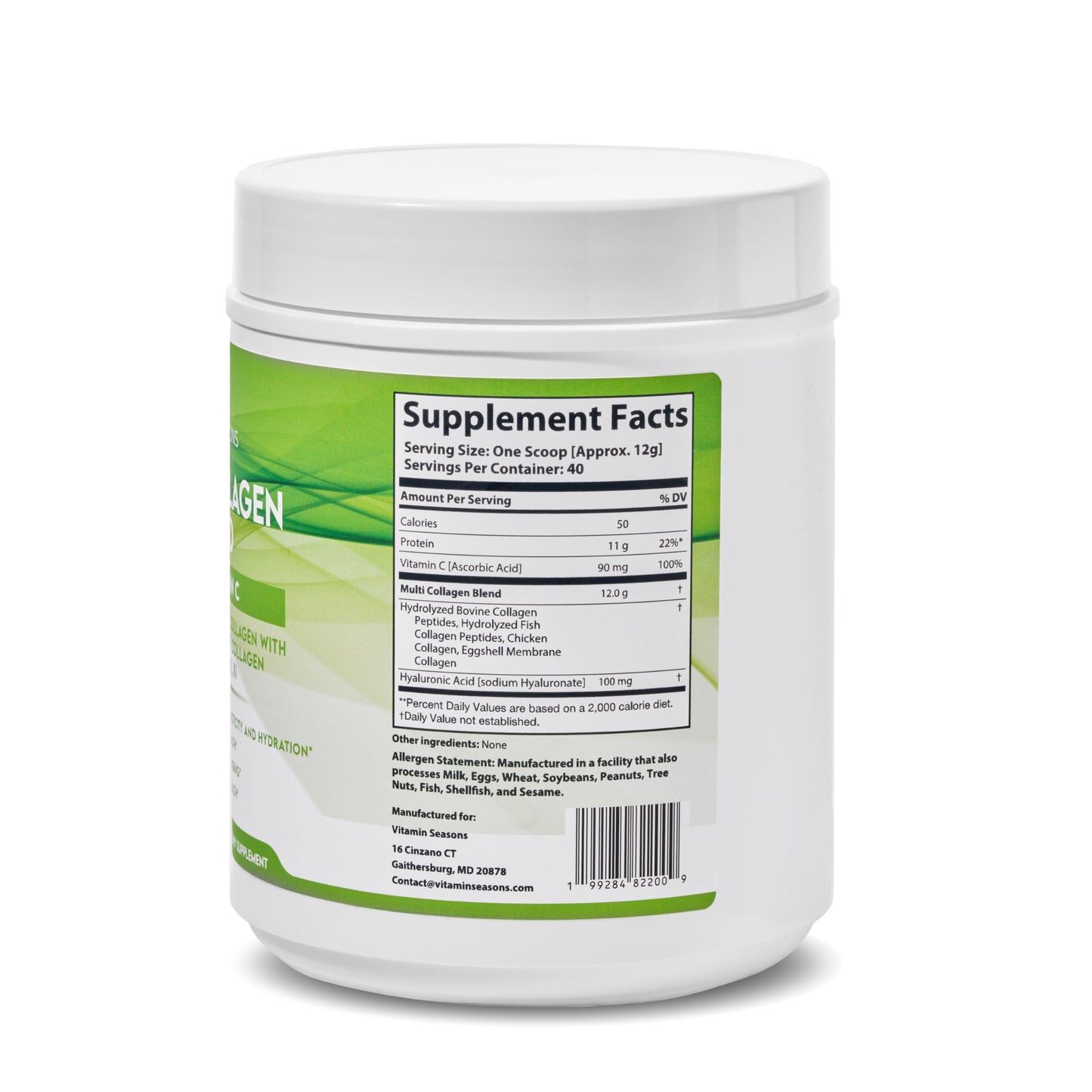 VITAMIN SEASONS Multi Collagen Blend Powder | Women and Men | Hyaluronic Acid + Vitamin C | Hydrolyzed Multi Collagen Peptides | Non-GMO, Gluten-Free, Keto, Paleo | 488g | Made in USA